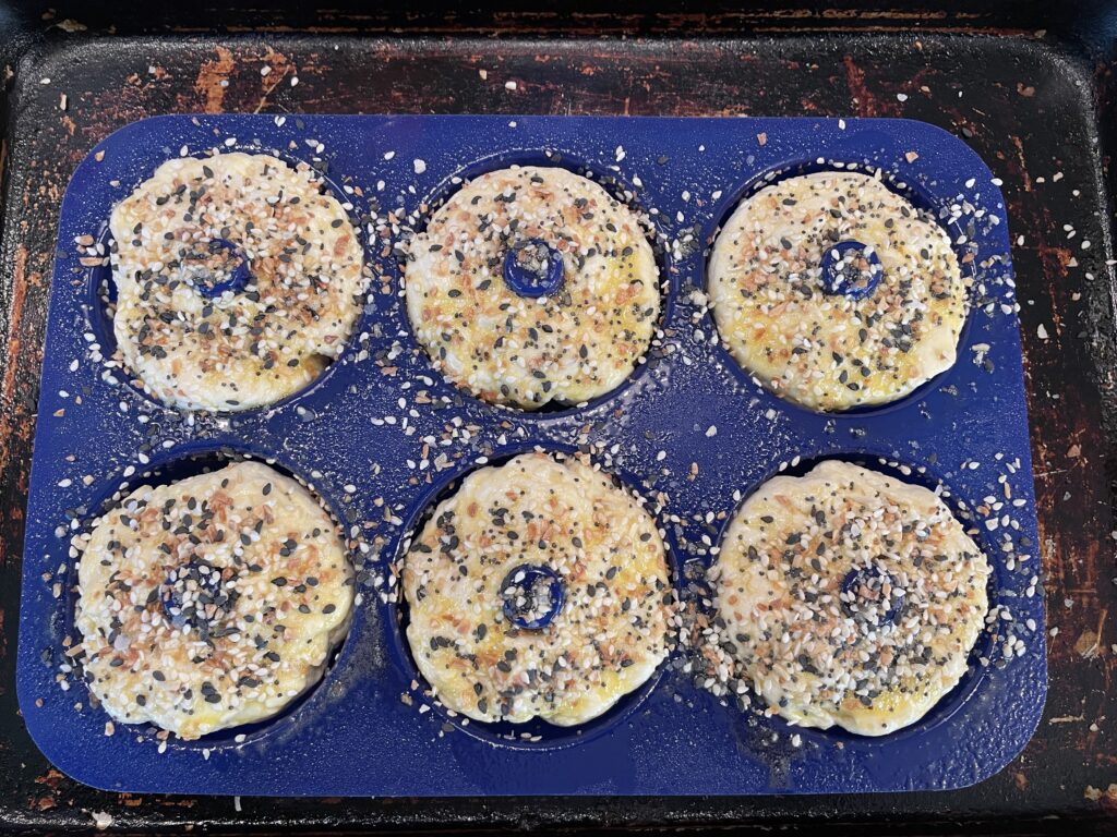 Dough in the pan with everything spice sprinkled on top