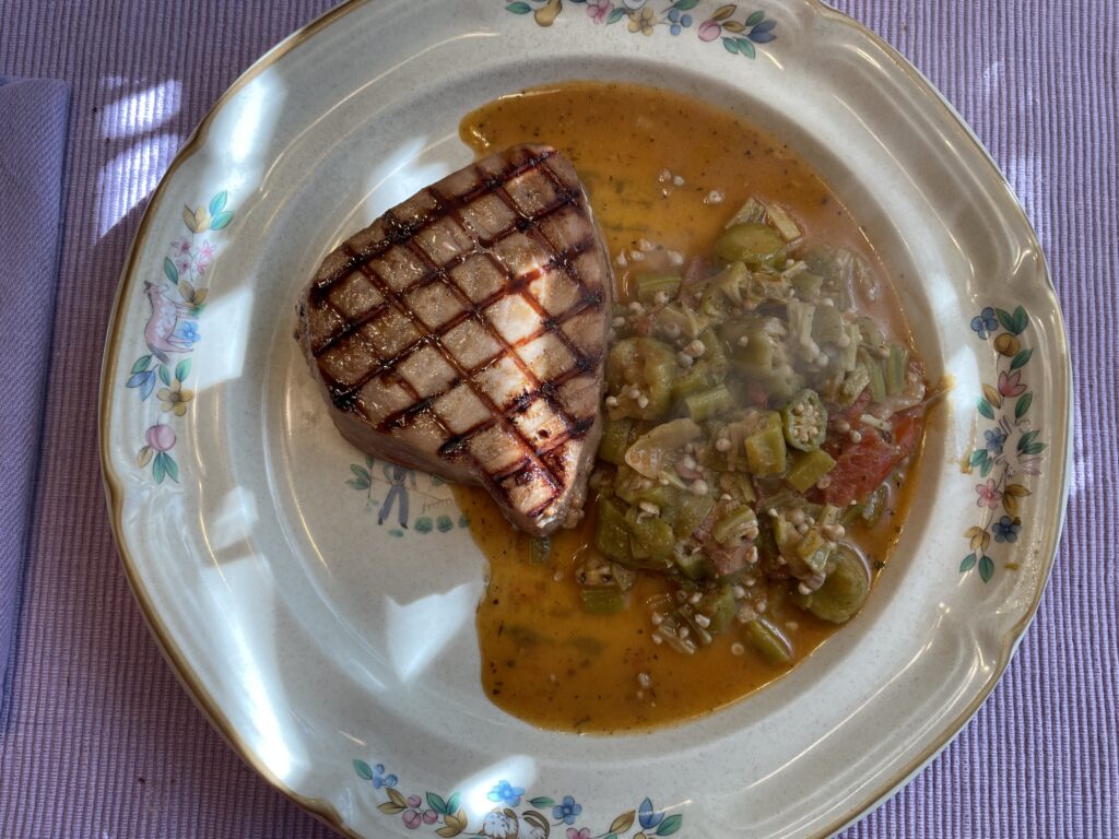 Grilled Tuna with a side of Okra and Tomatoes