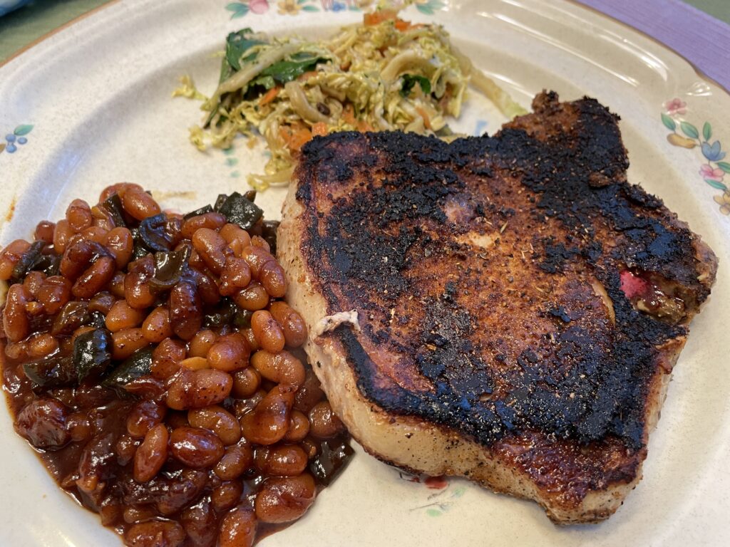 Chili-Rubbed Pork Chops with Baked Beans and Thai Slaw