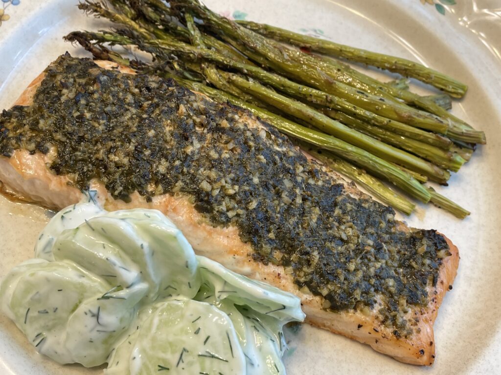 Baked Pesto Salmon with Roasted Asparagus and Cucumber Dill Salad