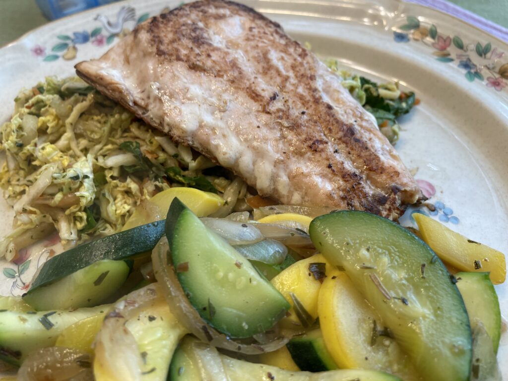 Salmon with Thai Slaw and Sauteed Zucchini and Yellow Squash from our garden. 