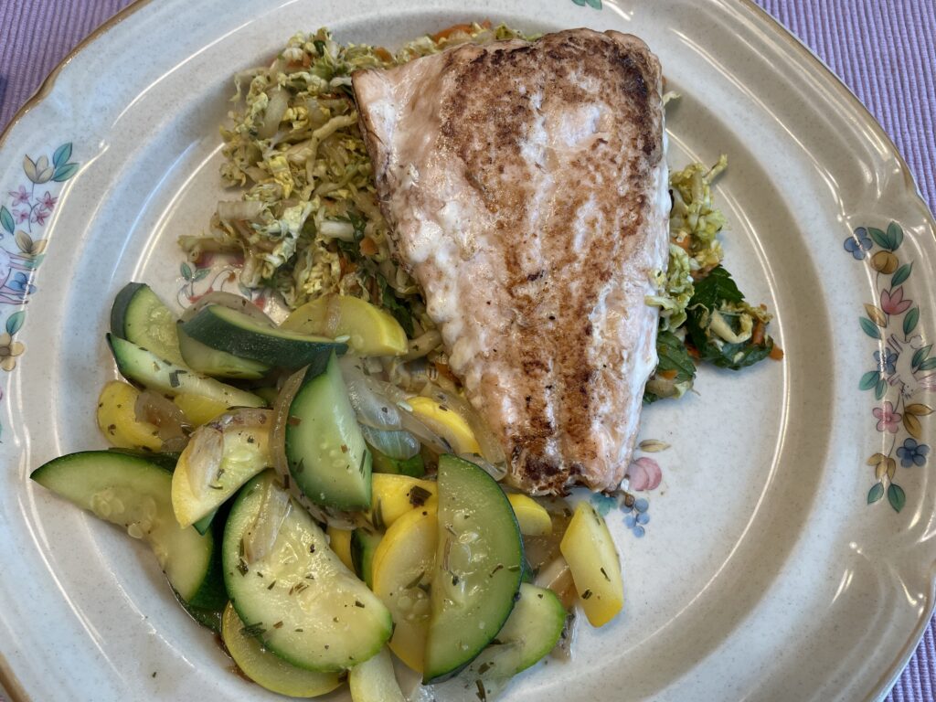 Another view of salmon with Thai Slaw and Sauteed Zucchini and Yellow Squash from our garden