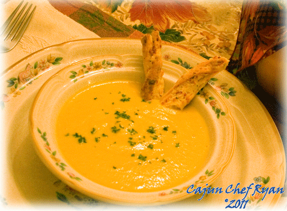 Acorn Squash Soup with Vermont Cheddar Rosemary Bread Sticks
