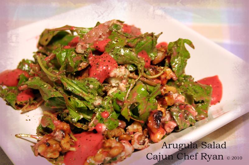 Arugula Salad with Walnuts, Gorgonzola, and Creamy Raspberry Vinaigrette Dressing