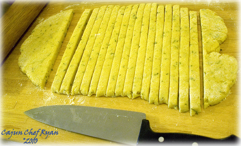 Cut out sticks of dough 1/2-inch wide.