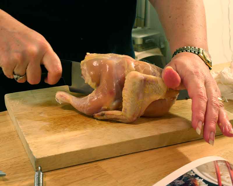 Splitting the Cornish hen breast plate bones