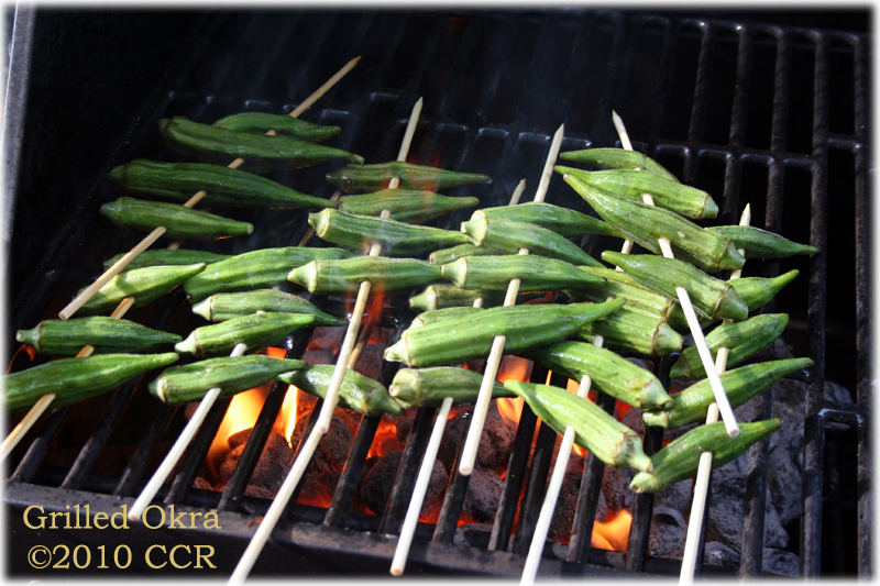 Grilling Okra on the coals