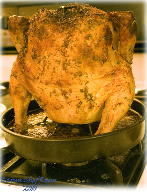 Roasted chicken resting before carving