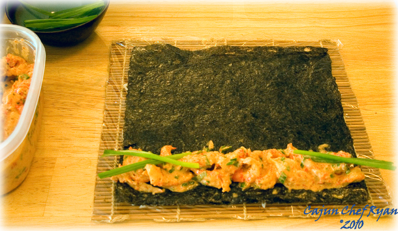 Place your desired fillings along the bottom edge of the nori.