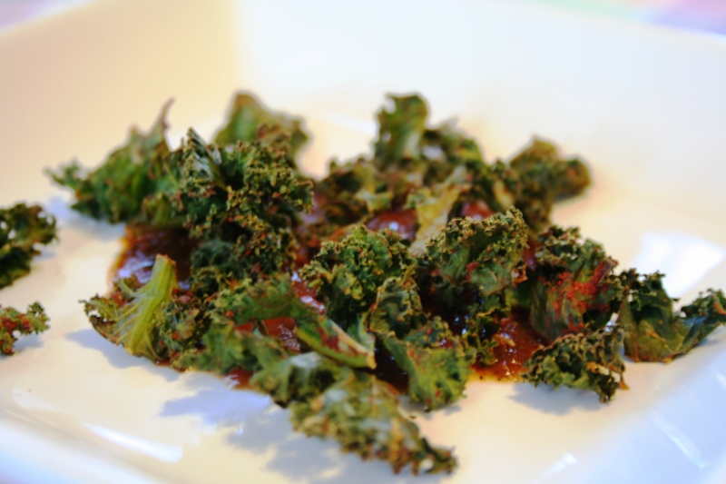 Baked Kale Chips Served on Fire Roasted Tomato Dressing