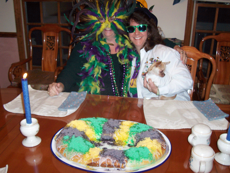 Sue and Monique in Mardi Gras Colors