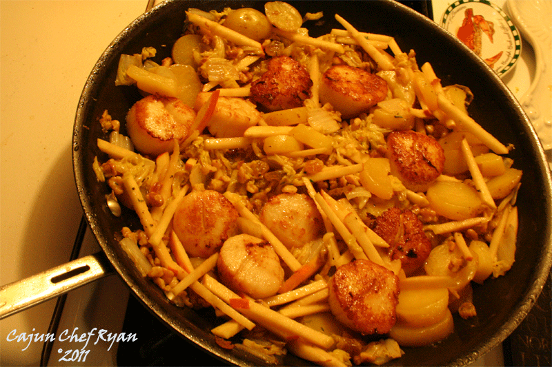 Emeril's One Pot Sizzling Skillet ~ Seared Scallops with Savoy Cabbage Fingerling Potatoes, Pink Ladies, and Sultanas