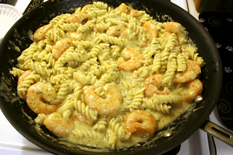 Shrimp Pesto Pasta in Saute Pan