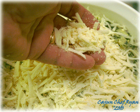 Then combine the parmesan cheese with the shredded Monterey Jack cheese.