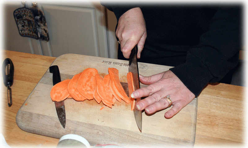 Cutting the sweet potato sticks