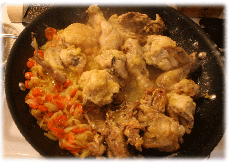 Chicken in pan with mirepoix image