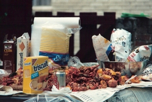 Crawfish and such on the newspaper lined table